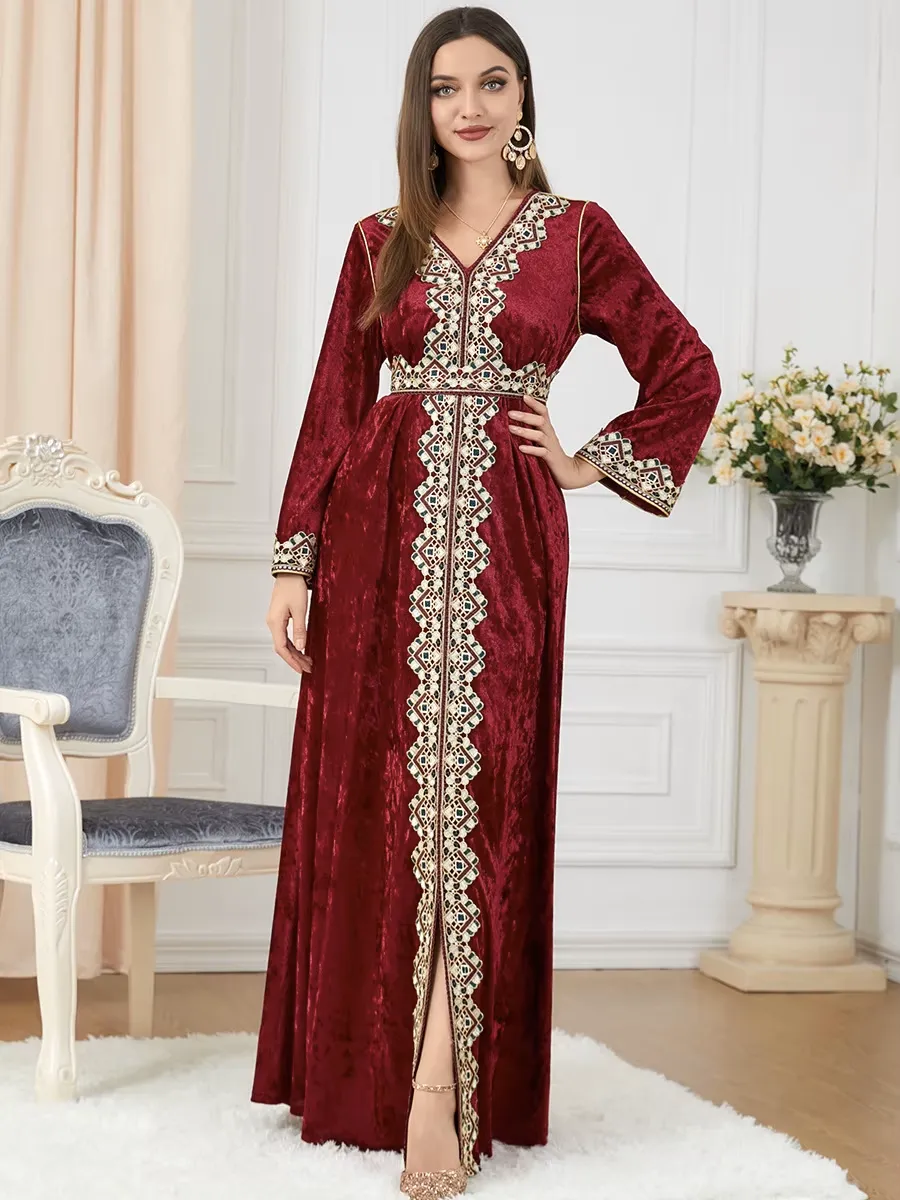 Luxury Red Velvet Floral Weaving Moroccan Kaftan