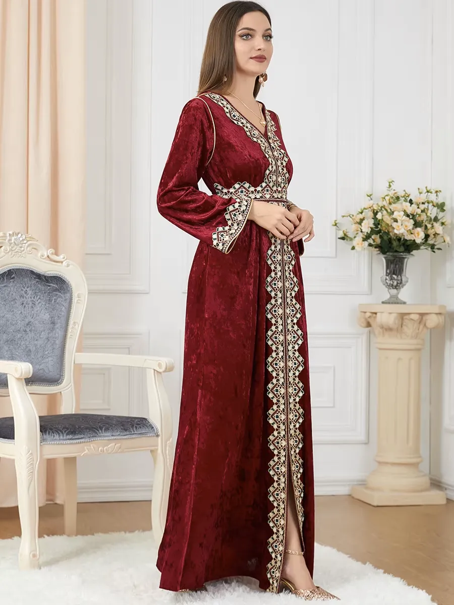 Luxury Red Velvet Floral Weaving Moroccan Kaftan