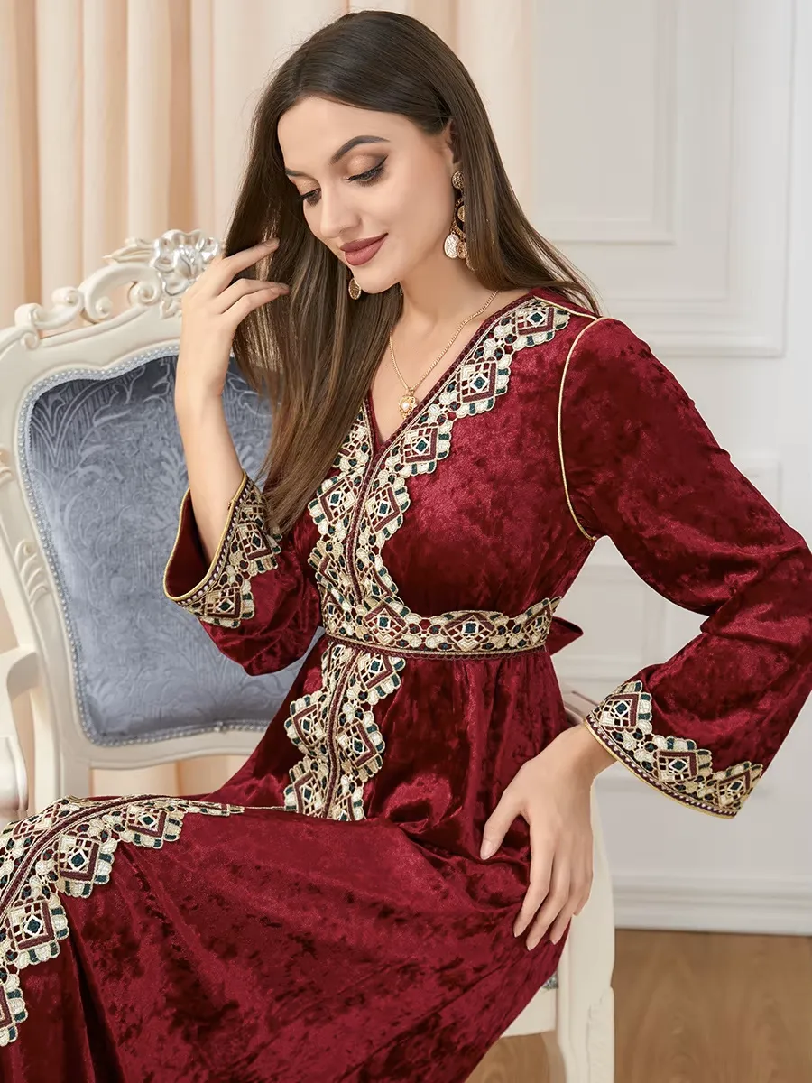 Luxury Red Velvet Floral Weaving Moroccan Kaftan