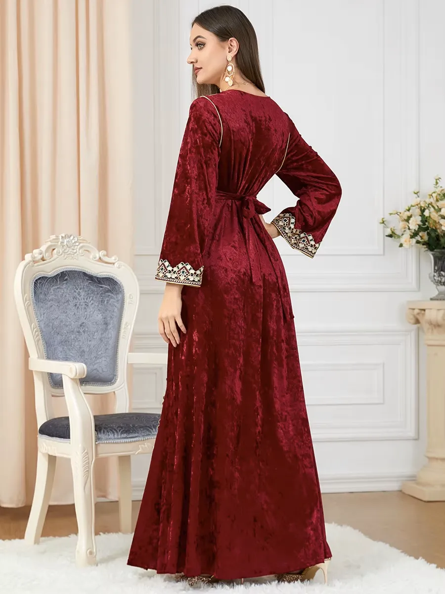 Luxury Red Velvet Floral Weaving Moroccan Kaftan