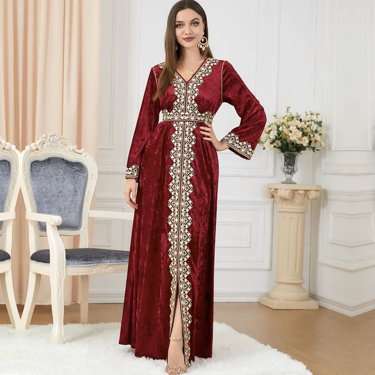 Luxury Red Velvet Floral Weaving Moroccan Kaftan