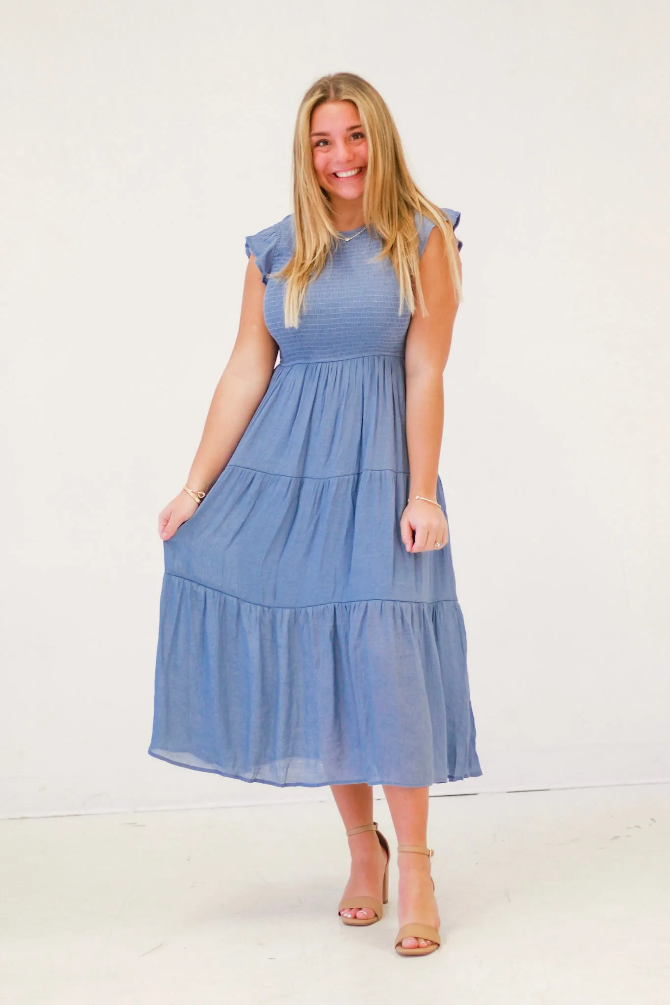 Made With Love Smocked Midi Dress in Light Blue
