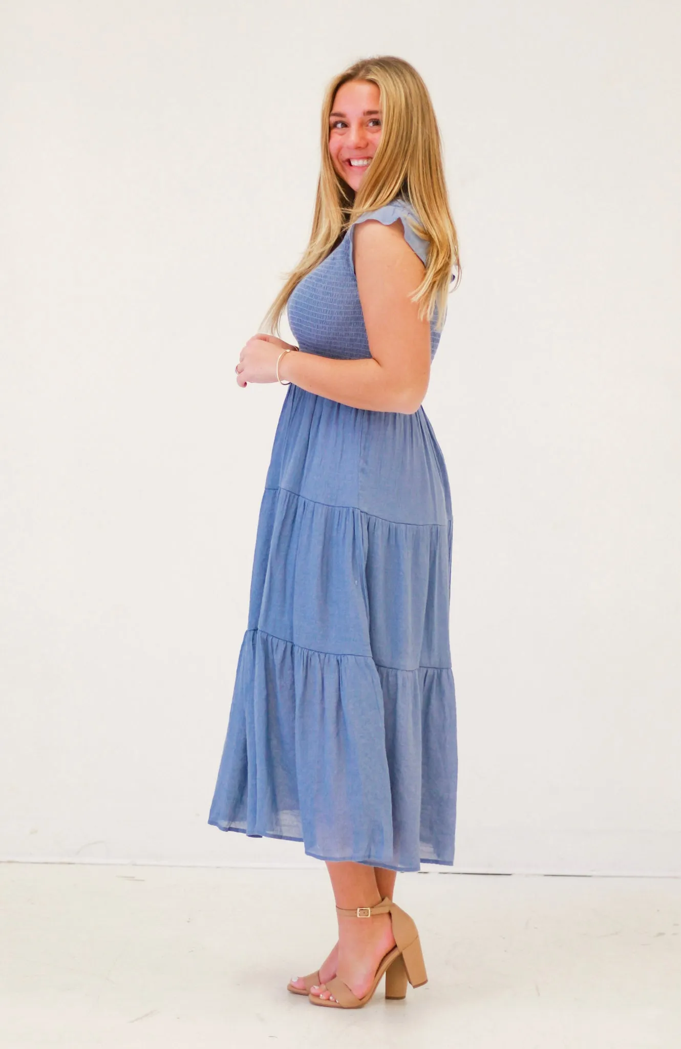 Made With Love Smocked Midi Dress in Light Blue