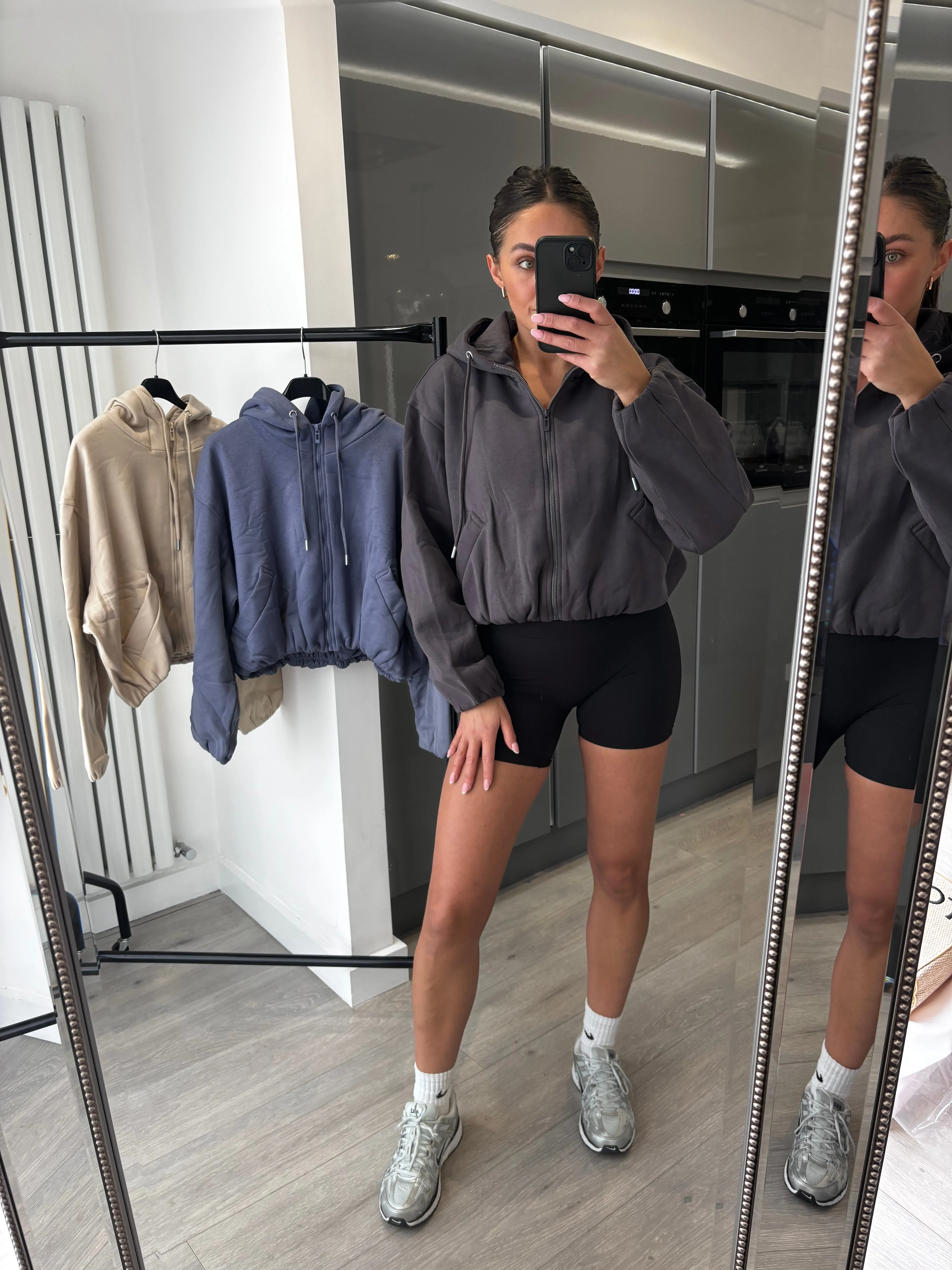 Marisa bomber style cropped zip up hooded jacket - charcoal grey