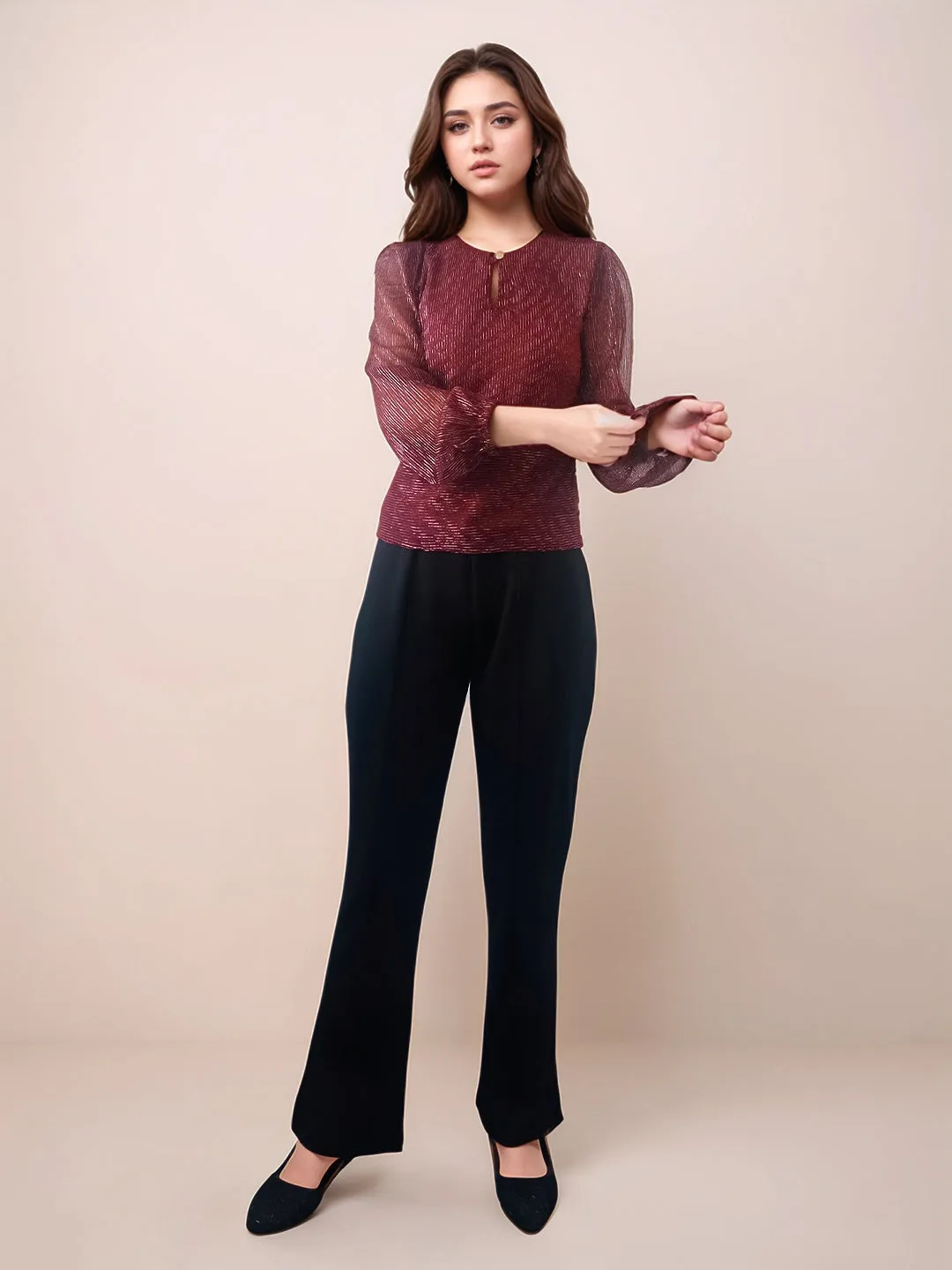 Maroon Textured Slim Fit Top