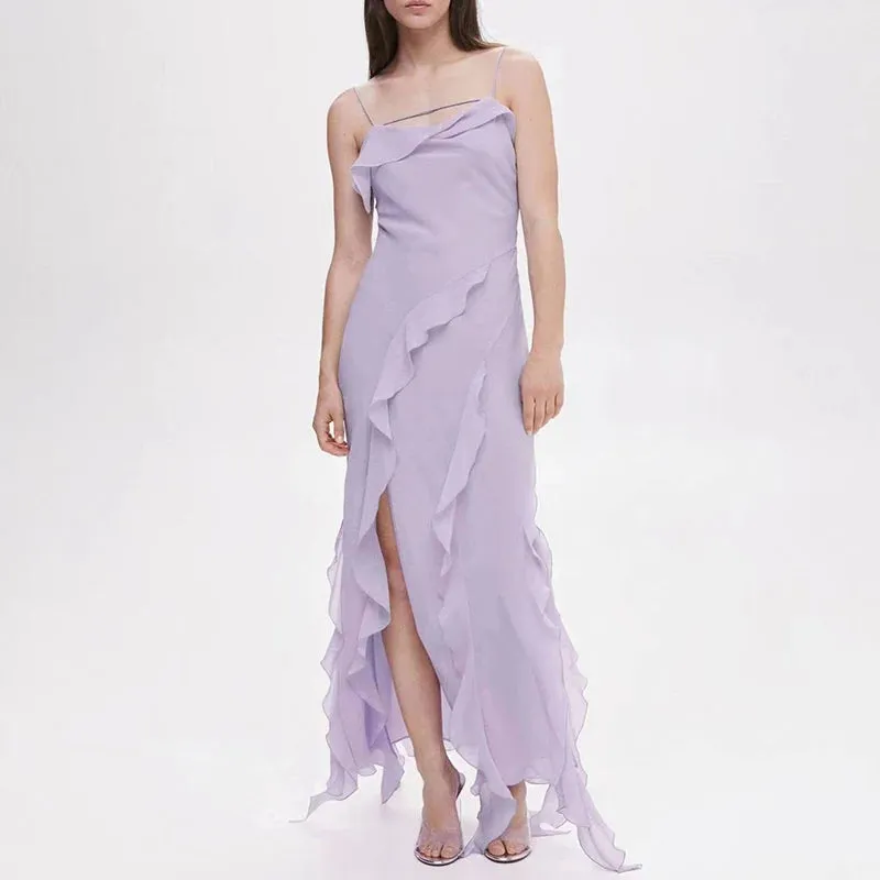 Mesh Patchwork Chic Party Club Dress with Split Spring Summer V-Neck Slim Fit Long Dress Casual Sleeveless Floor-Length Dresses