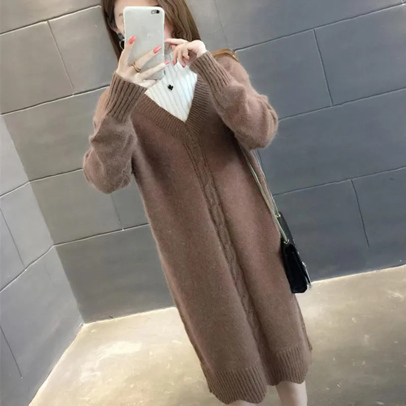 Mid-length Half Turtleneck Sweater Autumn and Winter Plus Velvet Padded Base Shirt Over-the-knee Warm Dress