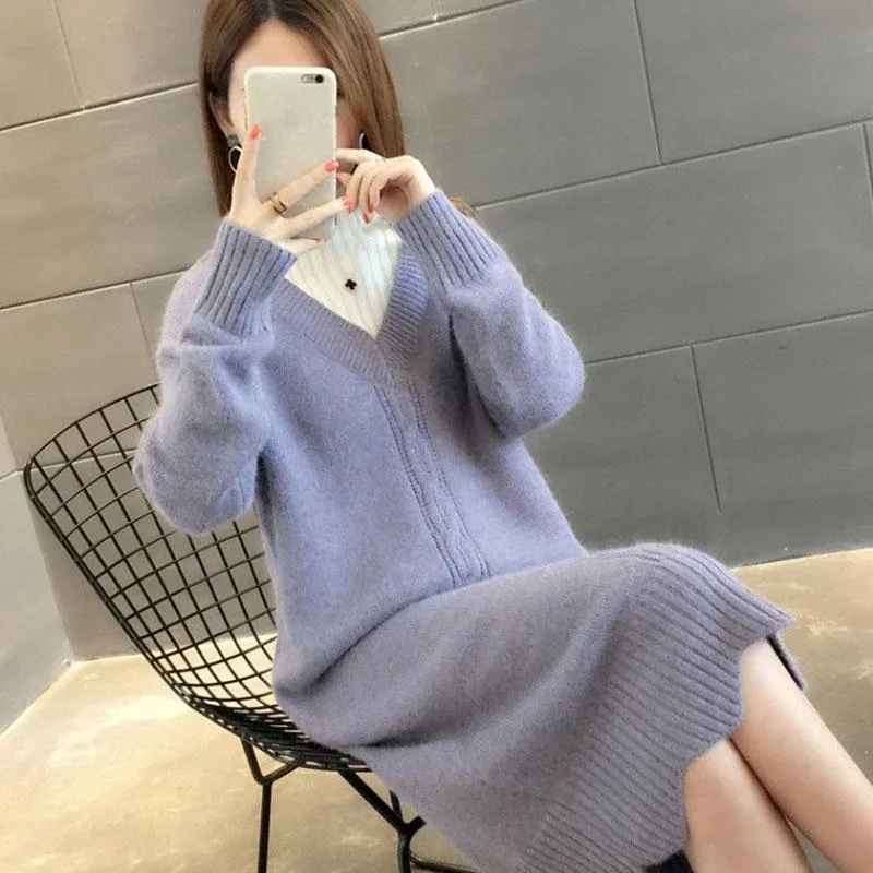 Mid-length Half Turtleneck Sweater Autumn and Winter Plus Velvet Padded Base Shirt Over-the-knee Warm Dress