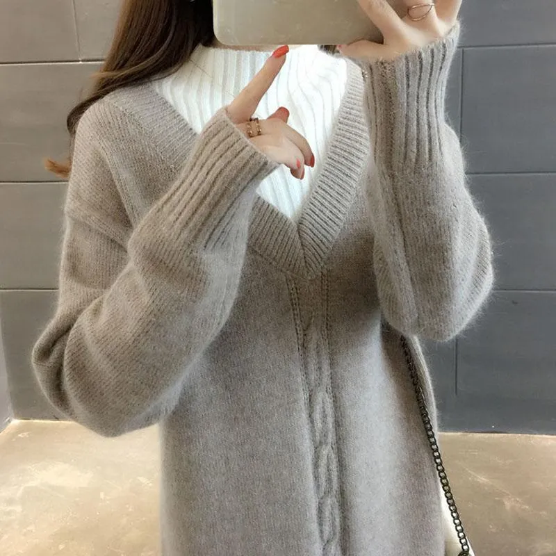 Mid-length Half Turtleneck Sweater Autumn and Winter Plus Velvet Padded Base Shirt Over-the-knee Warm Dress