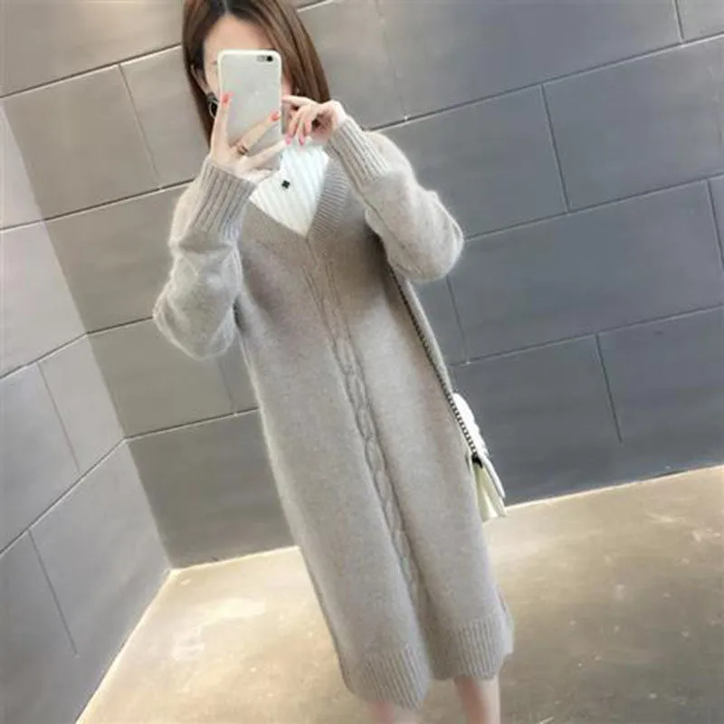 Mid-length Half Turtleneck Sweater Autumn and Winter Plus Velvet Padded Base Shirt Over-the-knee Warm Dress