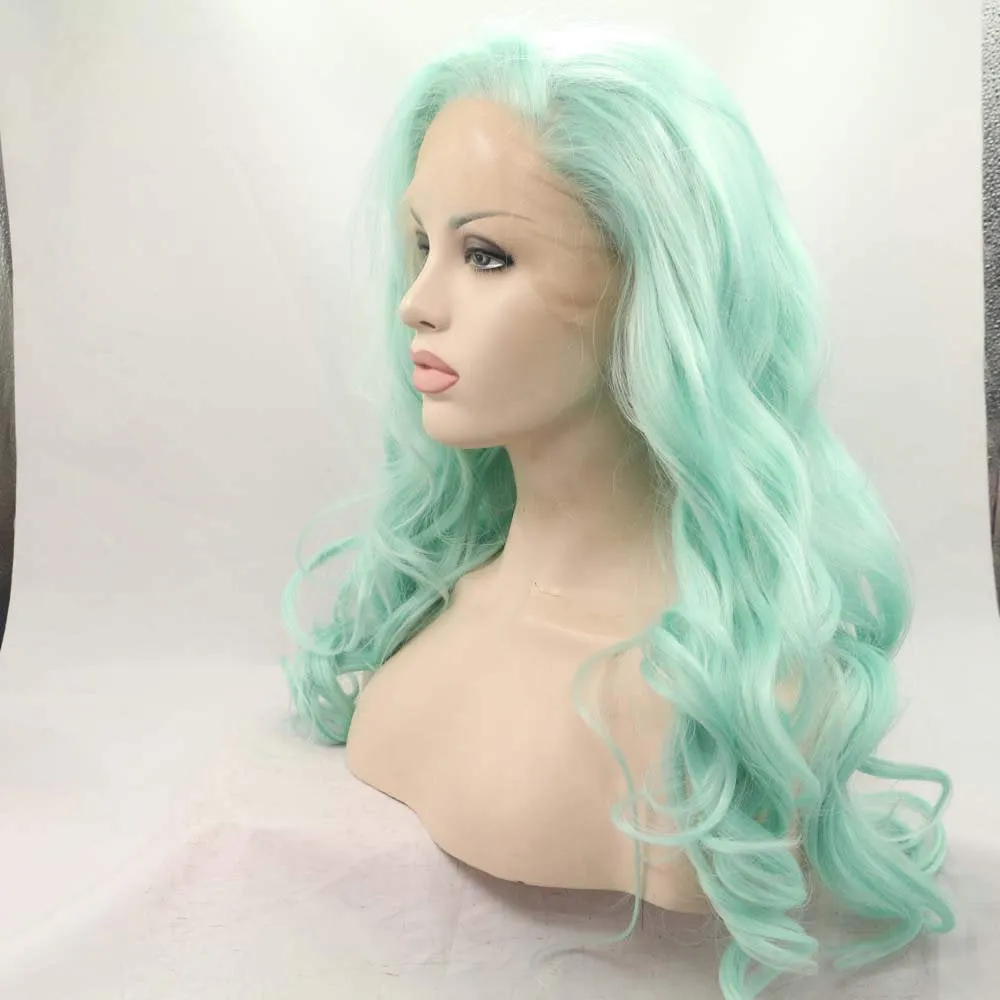 Mint Green Lace Front 150% Density Middle Part Pre Plucked Glue-less Half Hand Tied Cosplay Wig 24" | Trendy Wig | Human Hair Look and Feel