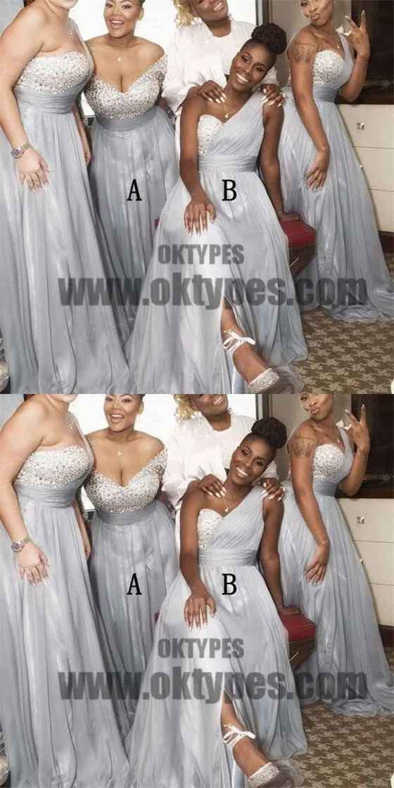 Mismatched Rhinestone Shinny Top Light Grey Long A-line Side Slit Bridesmaid Dresses, TYP0646