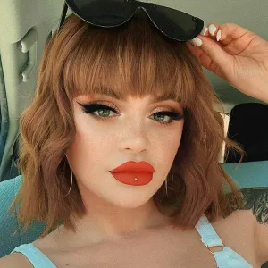 Mixed Brown Ombre Wavy 12" Bob Wig with Face Framing Air Bangs Synthetic Hair Heat Friendly Fiber Color #8/30 Perfect for Daily Wear Office