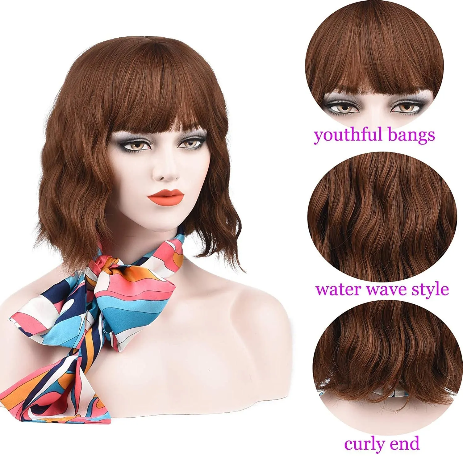 Mixed Brown Ombre Wavy 12" Bob Wig with Face Framing Air Bangs Synthetic Hair Heat Friendly Fiber Color #8/30 Perfect for Daily Wear Office