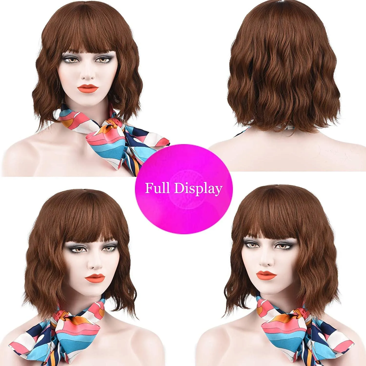 Mixed Brown Ombre Wavy 12" Bob Wig with Face Framing Air Bangs Synthetic Hair Heat Friendly Fiber Color #8/30 Perfect for Daily Wear Office