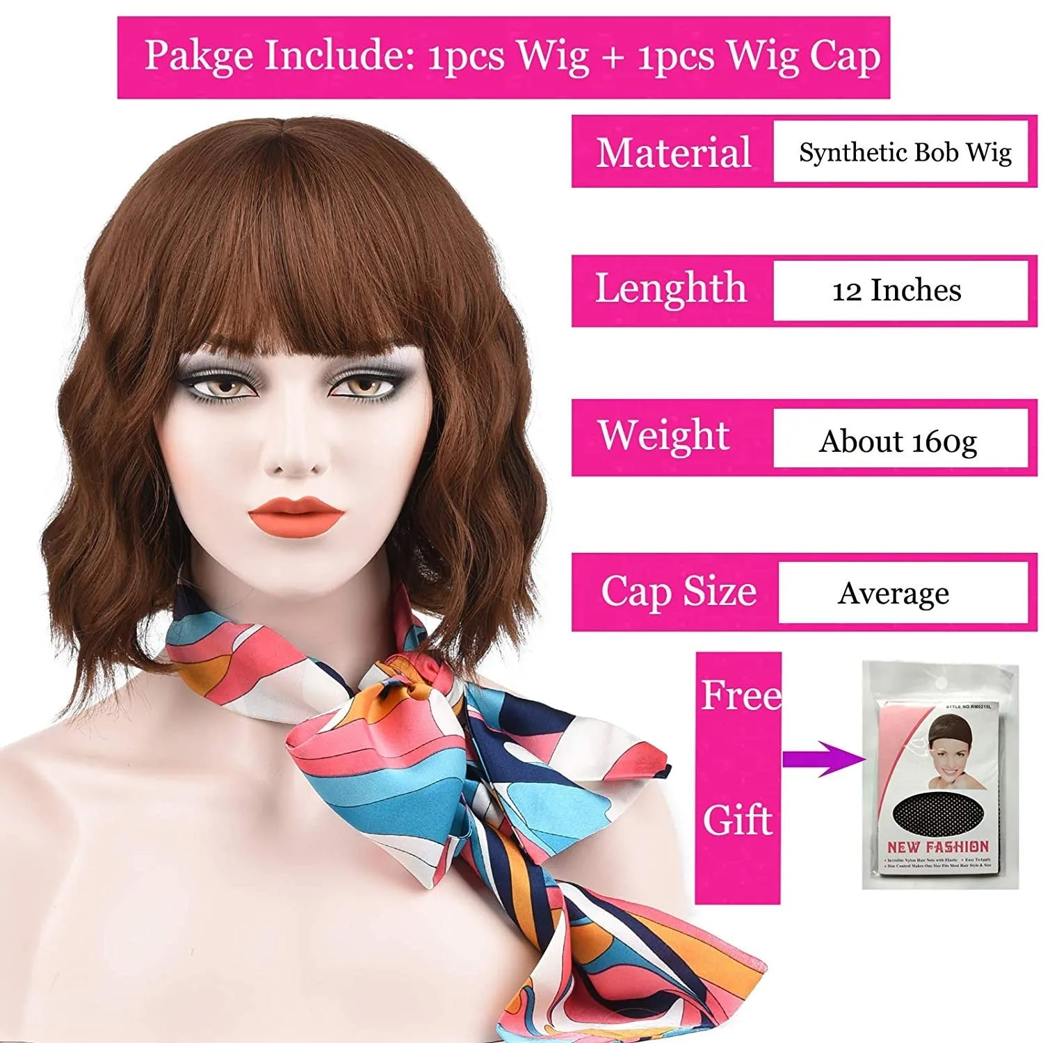 Mixed Brown Ombre Wavy 12" Bob Wig with Face Framing Air Bangs Synthetic Hair Heat Friendly Fiber Color #8/30 Perfect for Daily Wear Office
