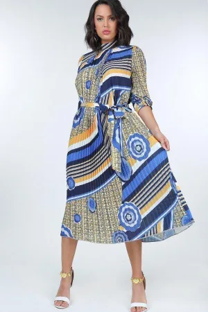 Multi Print Pleated Midi Dress