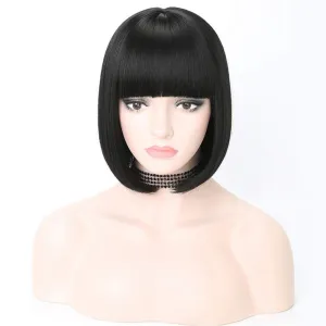 Natural black #1b | straight bob with straight bangs | hand dyed synthetic 12" wig | easy to wear | quick wig | great daily wear or cosplay