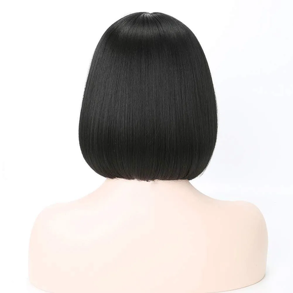 Natural black #1b | straight bob with straight bangs | hand dyed synthetic 12" wig | easy to wear | quick wig | great daily wear or cosplay