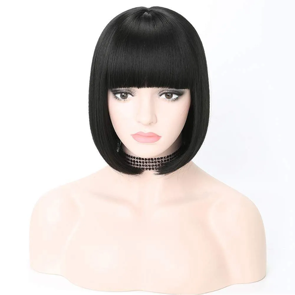 Natural black #1b | straight bob with straight bangs | hand dyed synthetic 12" wig | easy to wear | quick wig | great daily wear or cosplay
