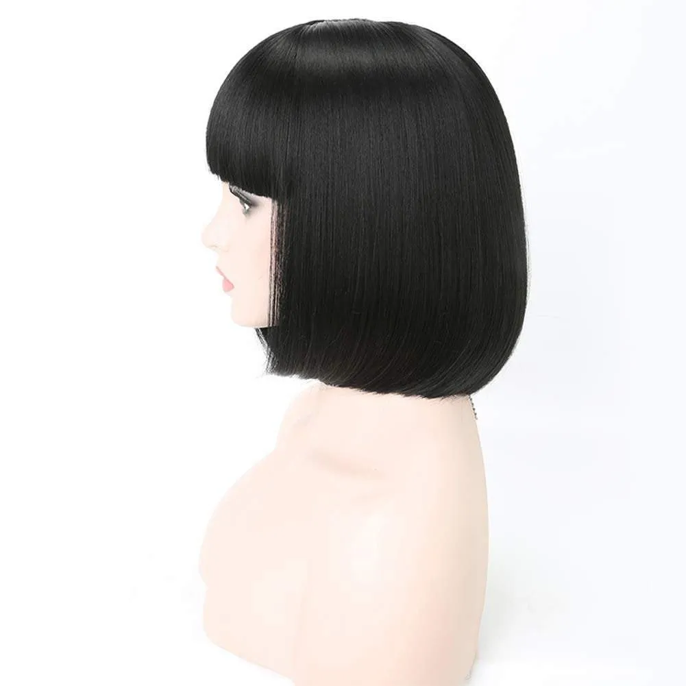 Natural black #1b | straight bob with straight bangs | hand dyed synthetic 12" wig | easy to wear | quick wig | great daily wear or cosplay
