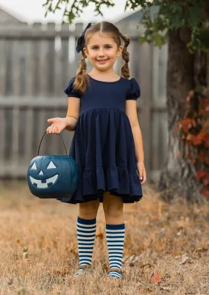 Navy Puff Sleeve Charm Dress