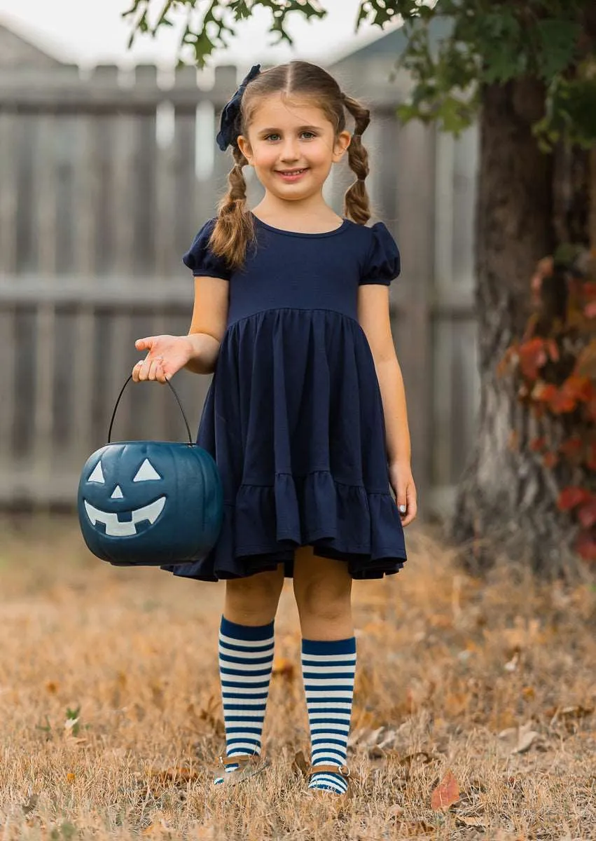 Navy Puff Sleeve Charm Dress