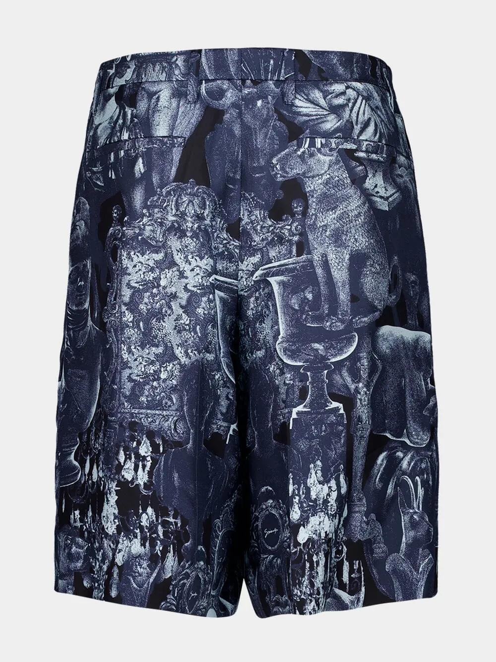 Navy Silk Bermuda Shorts with Hubert Objects Print