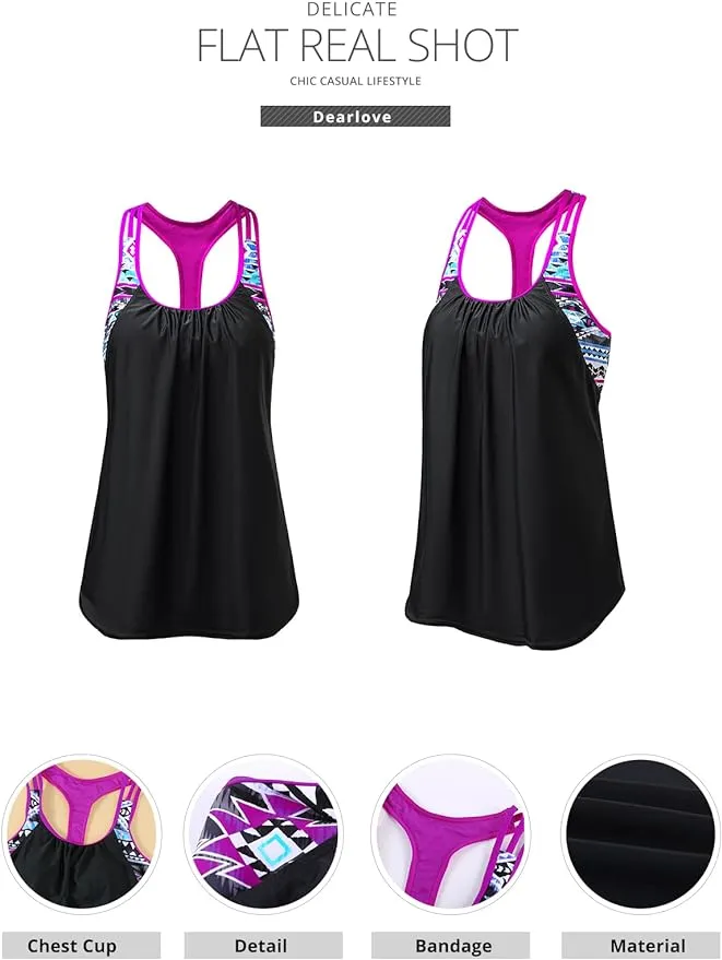 New Dearlove Women's Blouson Striped Floral Print Push Up T-Back Tankini Top Sz L (TOP ONLY)