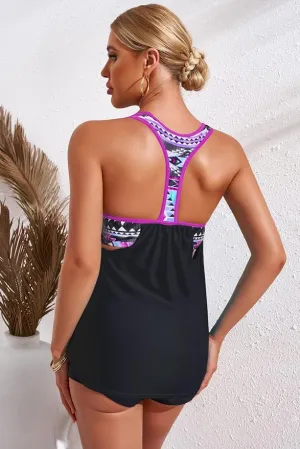 New Dearlove Women's Blouson Striped Floral Print Push Up T-Back Tankini Top Sz L (TOP ONLY)