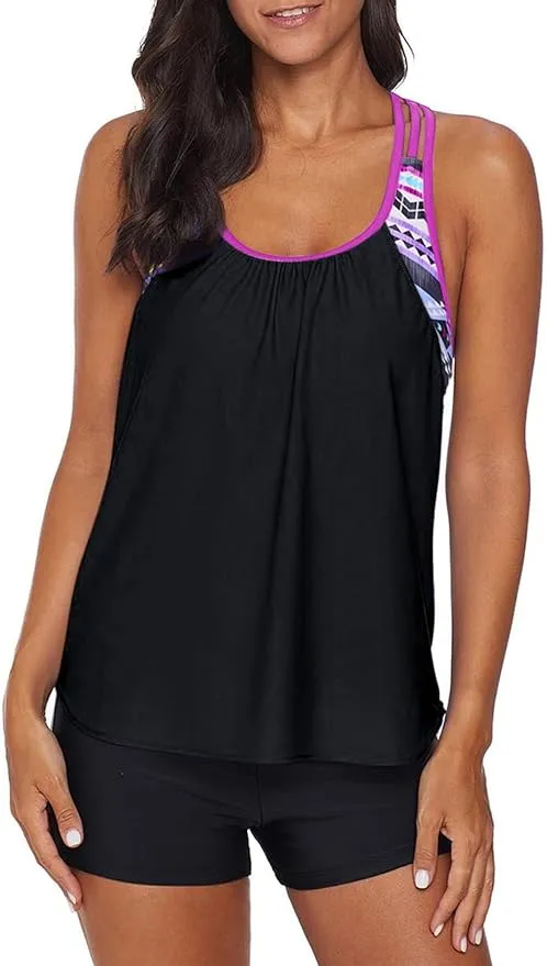 New Dearlove Women's Blouson Striped Floral Print Push Up T-Back Tankini Top Sz L (TOP ONLY)