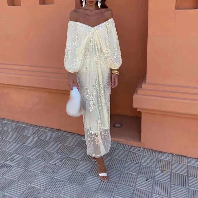 New Elegant Off Shoulder Batwing Sleeve Sequin Dress Loose Deep-V Cocktail Party Wedding Guest Dress