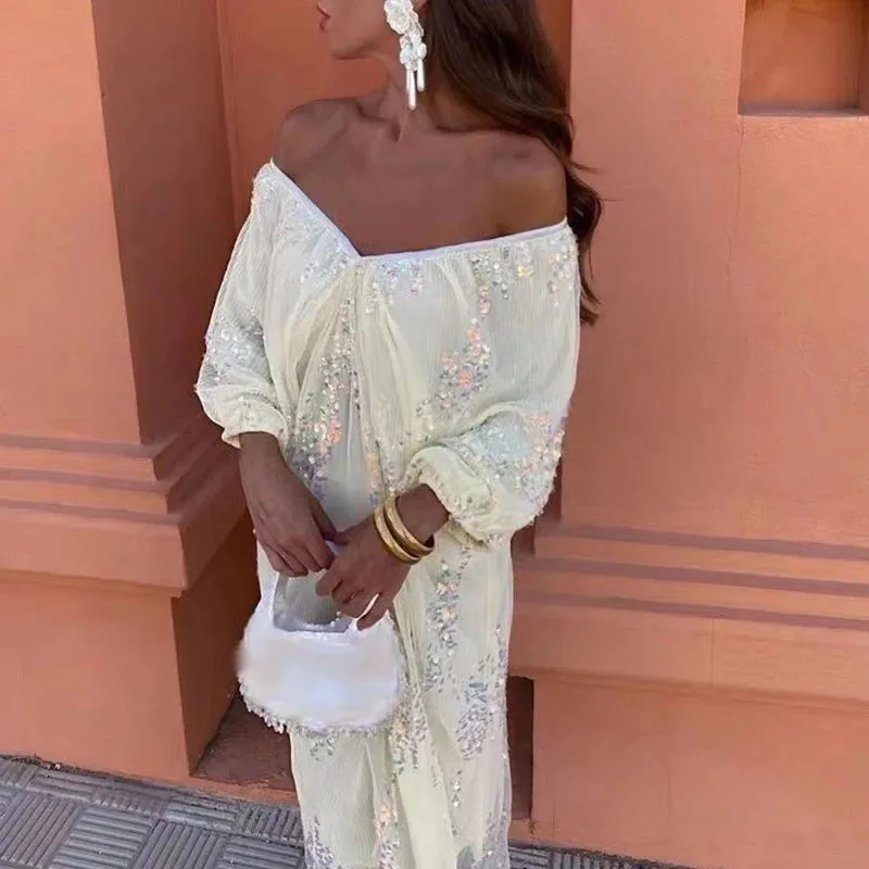 New Elegant Off Shoulder Batwing Sleeve Sequin Dress Loose Deep-V Cocktail Party Wedding Guest Dress