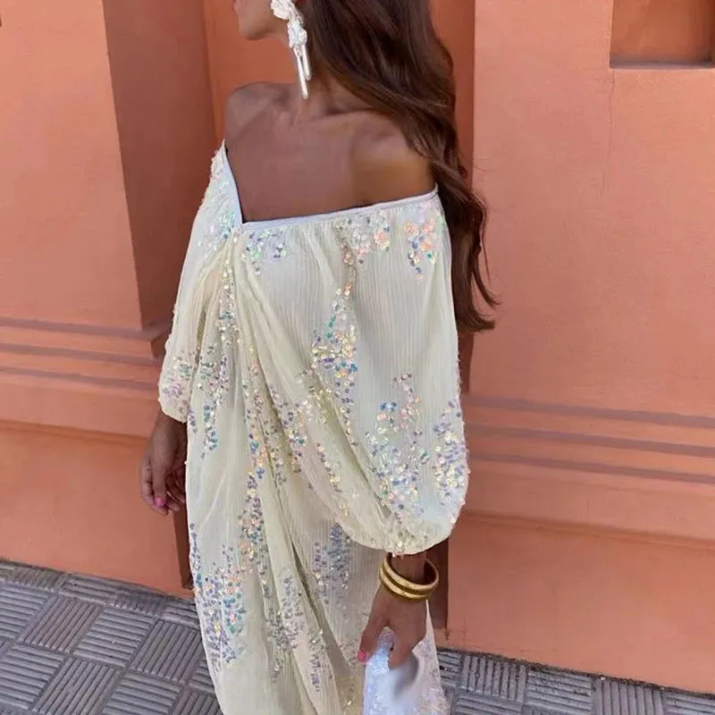 New Elegant Off Shoulder Batwing Sleeve Sequin Dress Loose Deep-V Cocktail Party Wedding Guest Dress