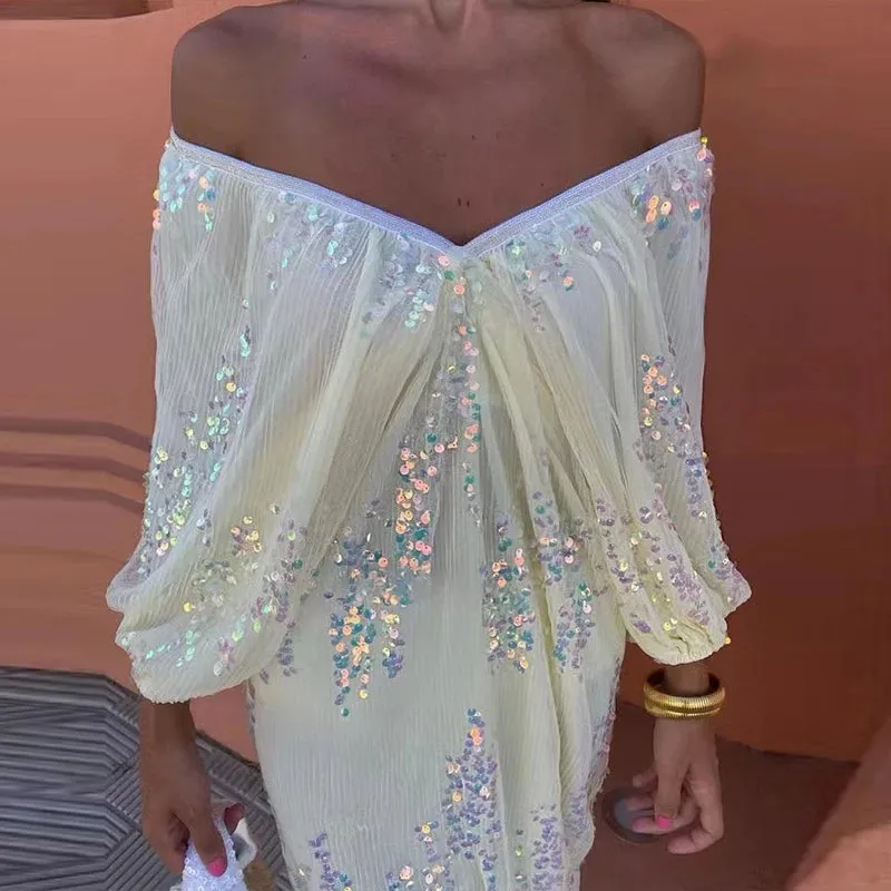 New Elegant Off Shoulder Batwing Sleeve Sequin Dress Loose Deep-V Cocktail Party Wedding Guest Dress