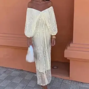 New Elegant Off Shoulder Batwing Sleeve Sequin Dress Loose Deep-V Cocktail Party Wedding Guest Dress