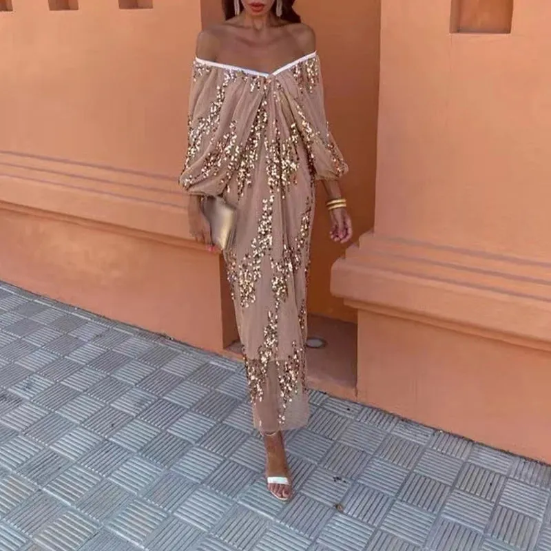 New Elegant Off Shoulder Batwing Sleeve Sequin Dress Loose Deep-V Cocktail Party Wedding Guest Dress