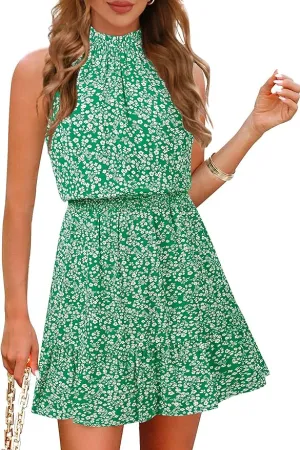 New MEROKEETY Womens Summer Sleeveless Halter Neck Floral Print Ruffle A Line Boho Mini Dress Green, Sz M