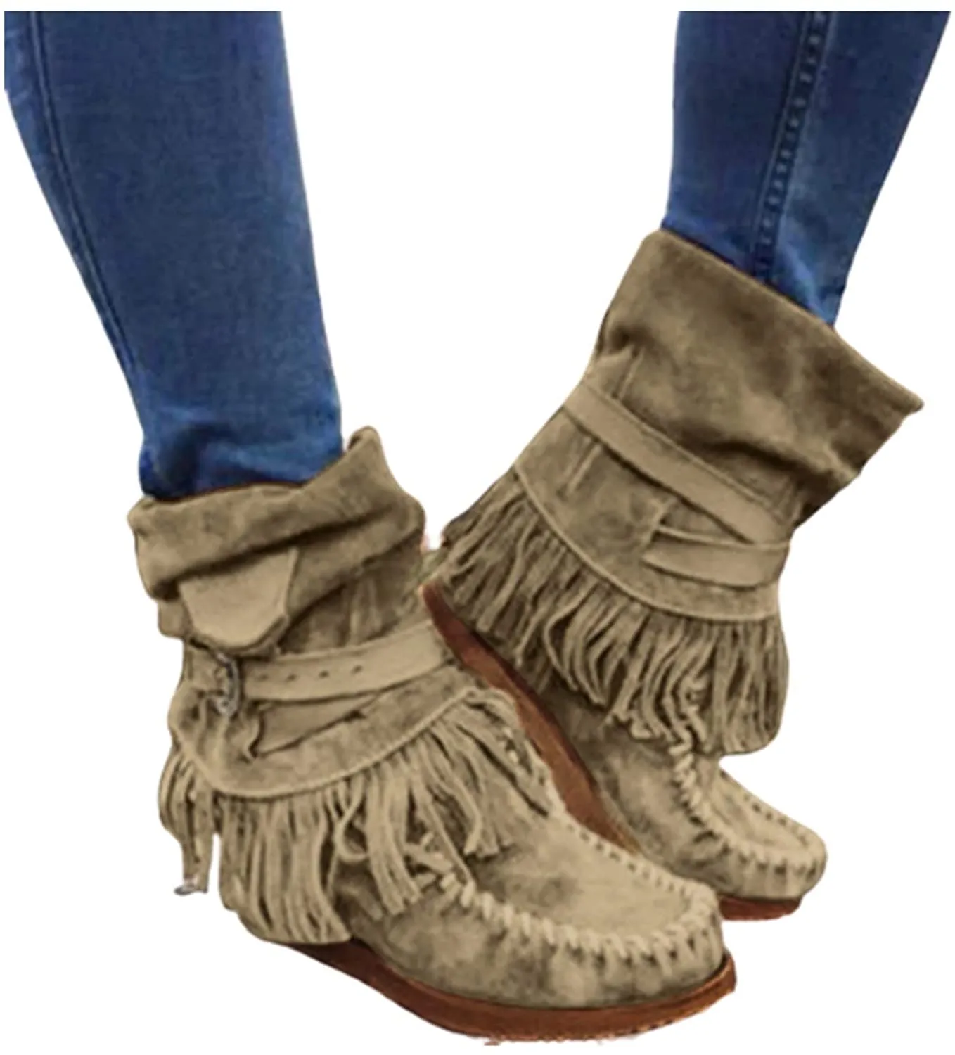 NXY Winsummer Fringe Ankle Boot for Women Moccasin Suede Ankle Booties Vintage Fringe Mid-Calf Flat Shoes