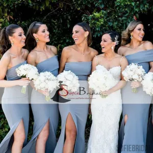 Off Shoulder Dusty blue Bridesmaid Dresses, Side Slit Bridesmaid Dress, Cheap Bridesmaid Dresses, PD0491