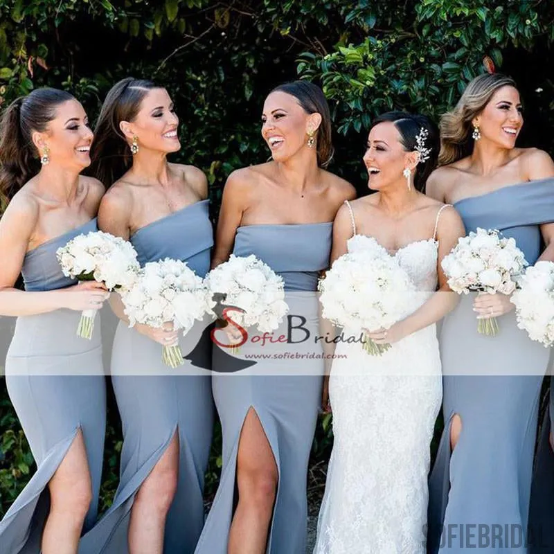 Off Shoulder Dusty blue Bridesmaid Dresses, Side Slit Bridesmaid Dress, Cheap Bridesmaid Dresses, PD0491