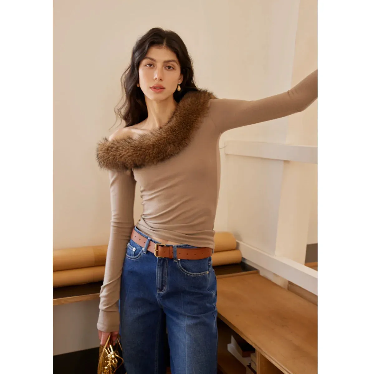 Off-Shoulder Fur Collar Top