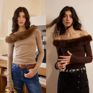 Off-Shoulder Fur Collar Top