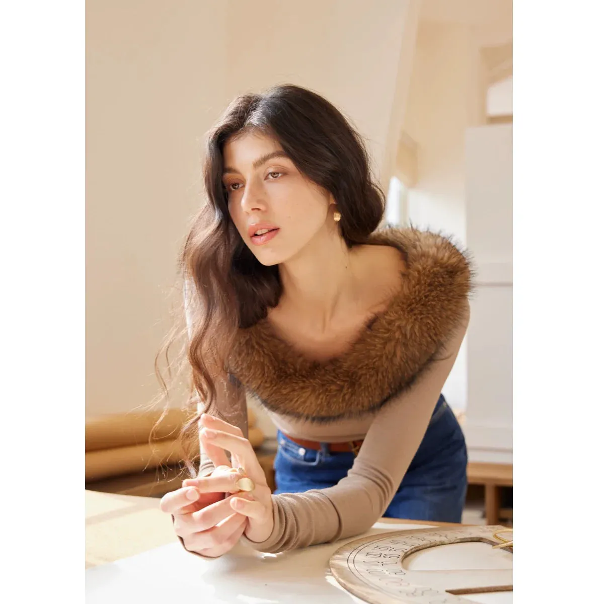 Off-Shoulder Fur Collar Top