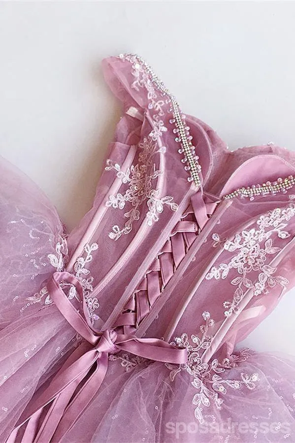 Off Shoulder Pink Lace  See Through Short Homecoming Dresses 2018, CM551