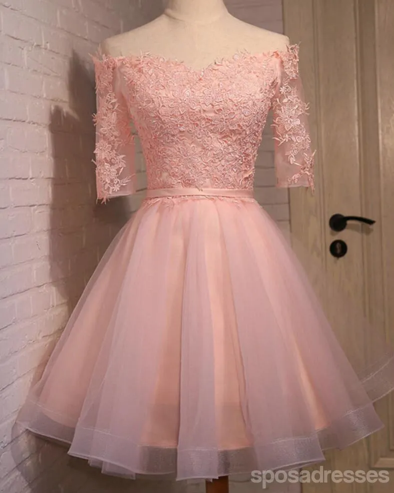 Off Shoulder Short Sleeve Pink Lace Cute Homecoming Prom Dresses, Affordable Short Party Prom Dresses, Perfect Homecoming Dresses, CM306