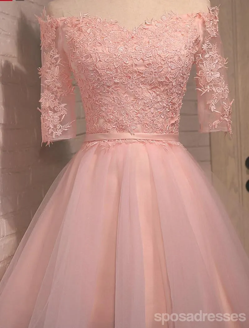 Off Shoulder Short Sleeve Pink Lace Cute Homecoming Prom Dresses, Affordable Short Party Prom Dresses, Perfect Homecoming Dresses, CM306