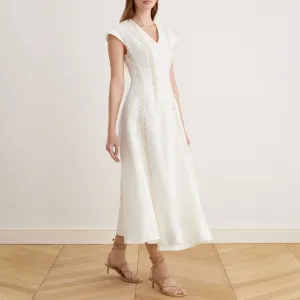Off White V-neck Soft Cap Sleeve Flared Dress in Linen