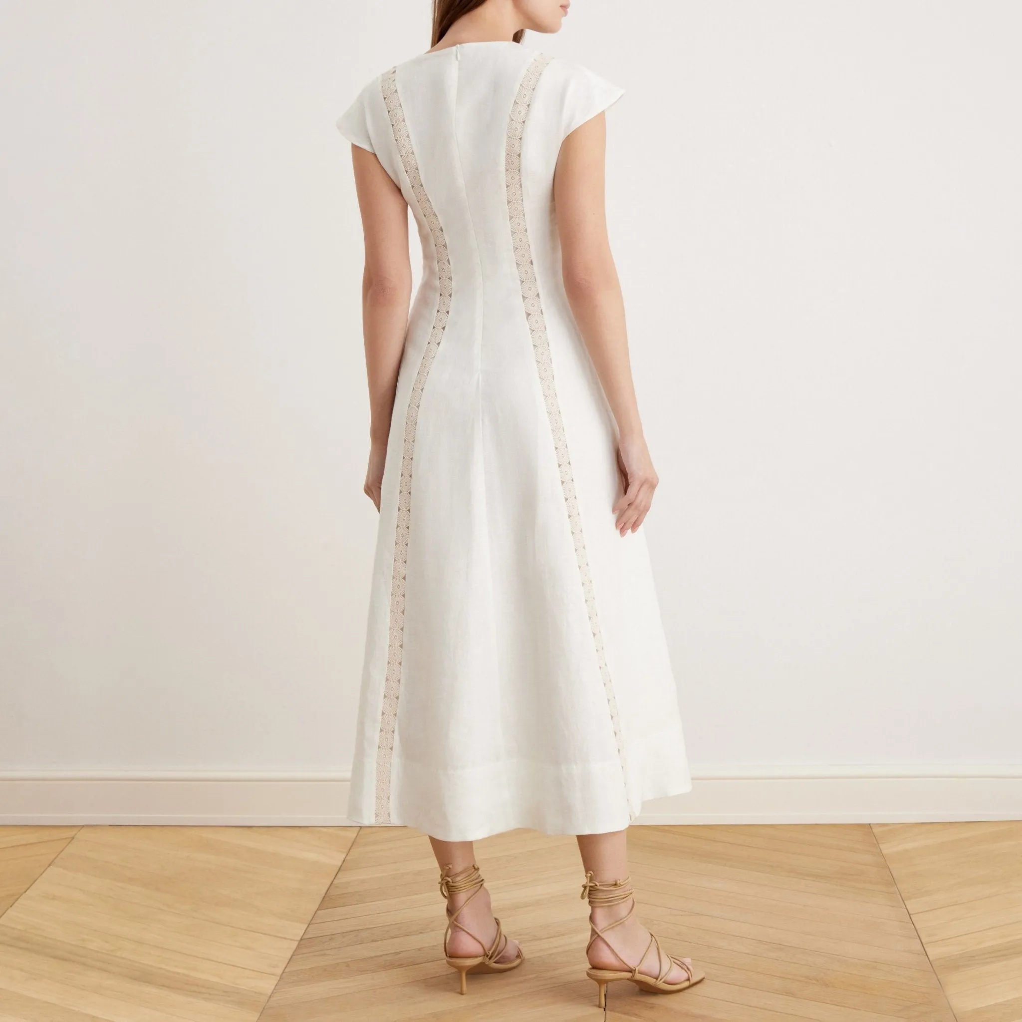Off White V-neck Soft Cap Sleeve Flared Dress in Linen