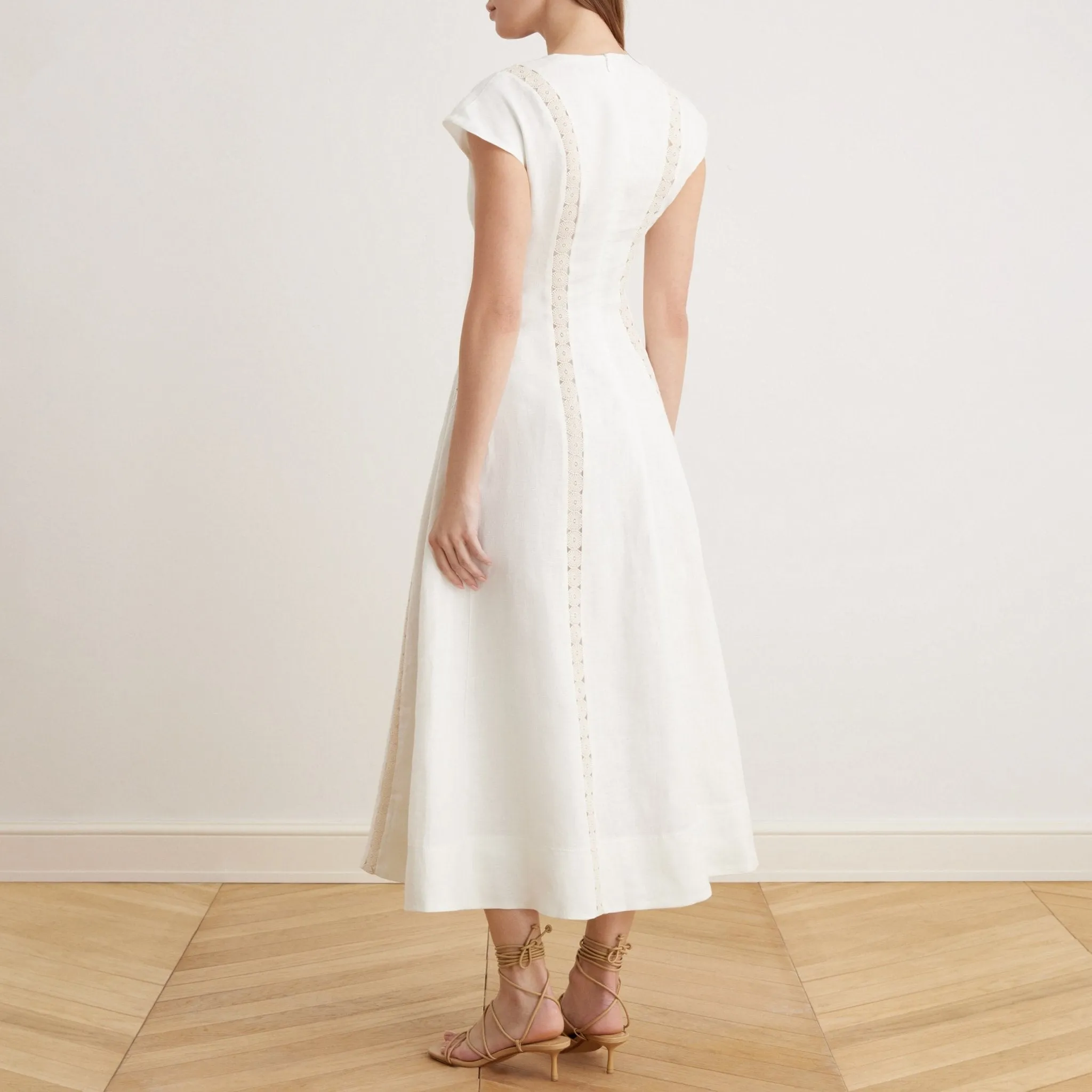 Off White V-neck Soft Cap Sleeve Flared Dress in Linen